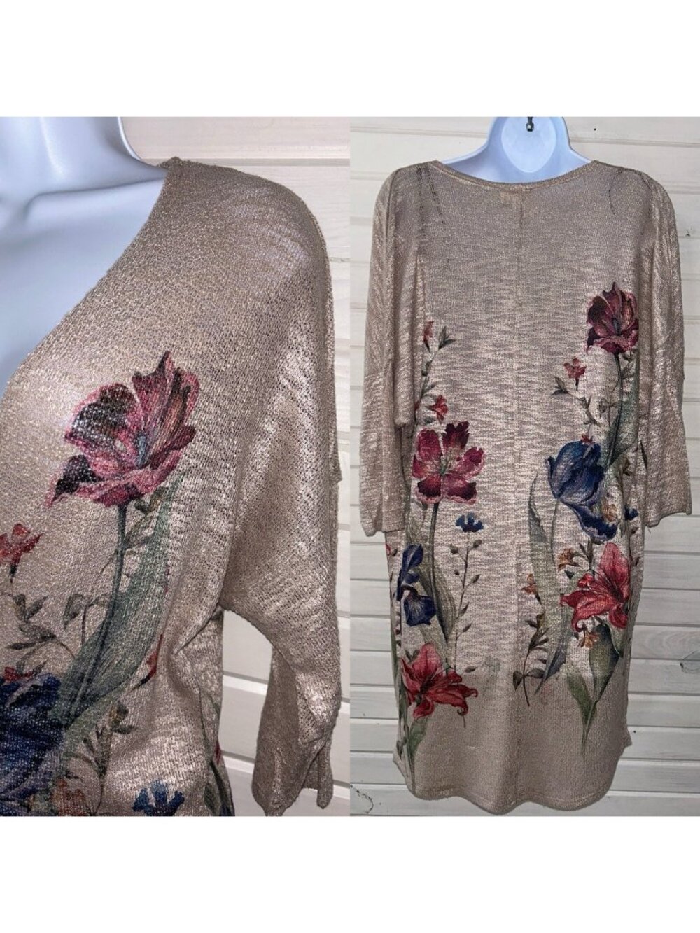 NWT Live In The Moment Sz LARGE Open Front Cardigan Oatmeal Floral Draped